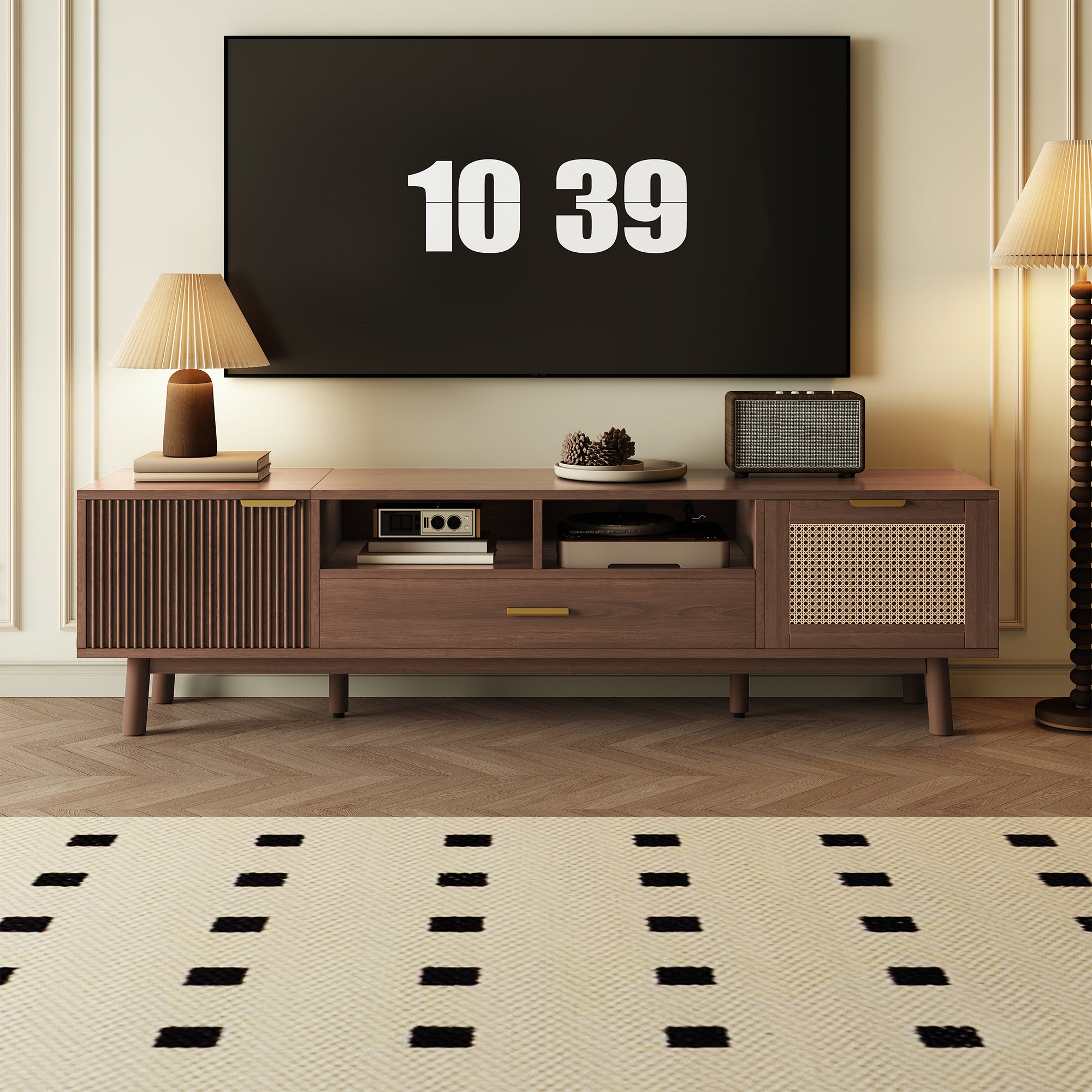 Wood Fashionable TV Stand for 75' TVs with Soft-Closing Doors, Dark Brown Modern Console with Rattan Accents and Drop-Down Cabinet, Solid Wood and MDF Construction - Grand Goldman Shop