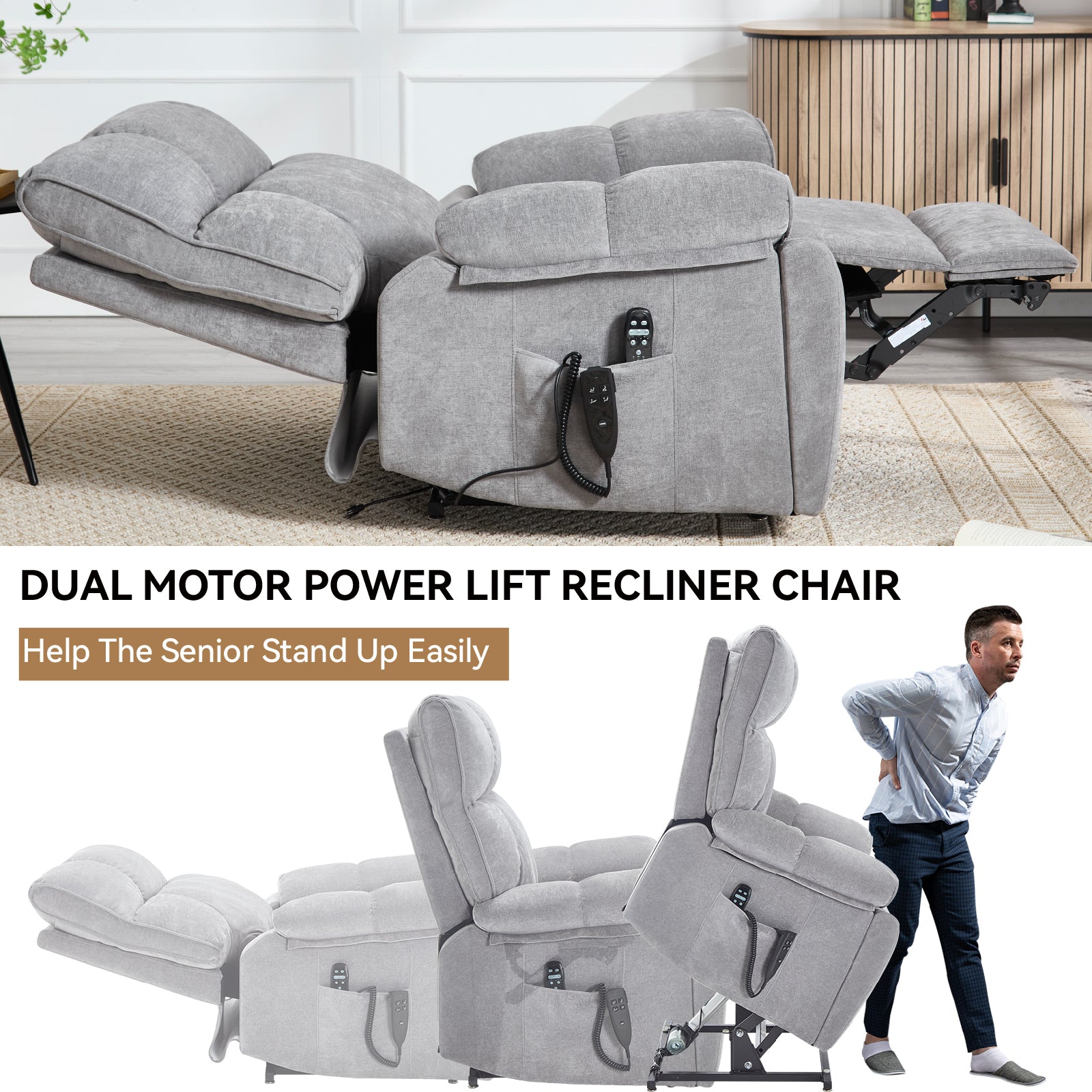 Grey Heat Massage Dual Motor Infinite Position Up to 350 LBS Large Electric Power Lift Recliners with Hidden Cup Holders, Power-Remote, Medium-firm and Heavy Duty - Grand Goldman Shop