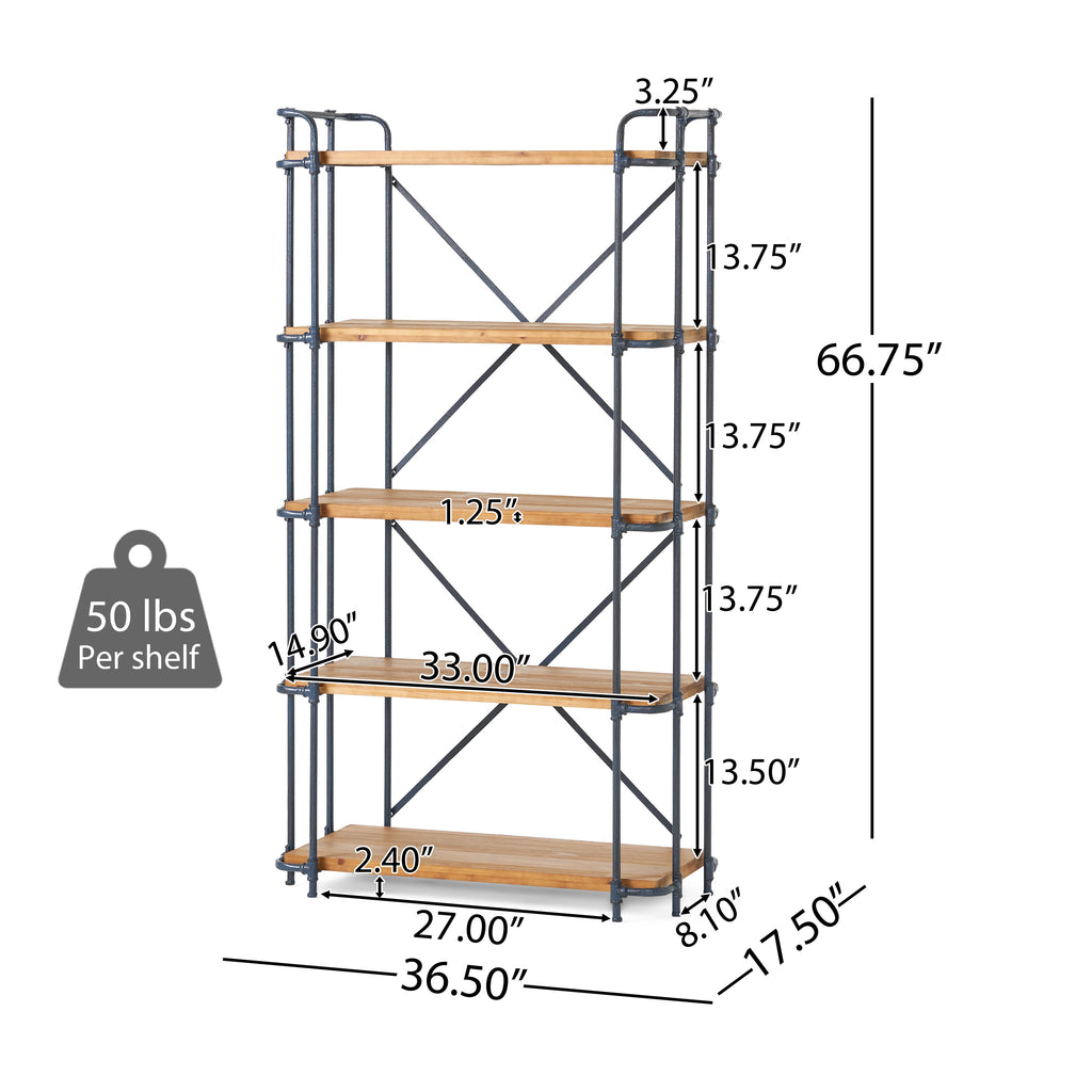 Yorktown Industrial 5-Shelf Bookcase with Metal Pipework and Solid Fir in Natural Finish - Grand Goldman Shop
