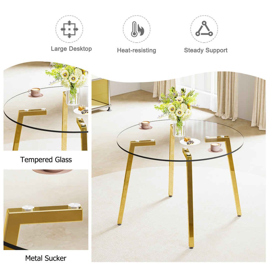 Modern minimalist style circular transparent tempered glass table, tempered glass tabletop, golden metal legs, suitable for kitchen, dining room, and living room, 42 '* 42' * 29.5 '1123r - Grand Goldman Shop