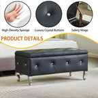 Upholstered Storage Ottoman Bench For Bedroom End Of Bed Faux Leather Rectangular Storage Benches Footrest With Crystal Buttons For Living Room Entryway (Black) - Grand Goldman Shop