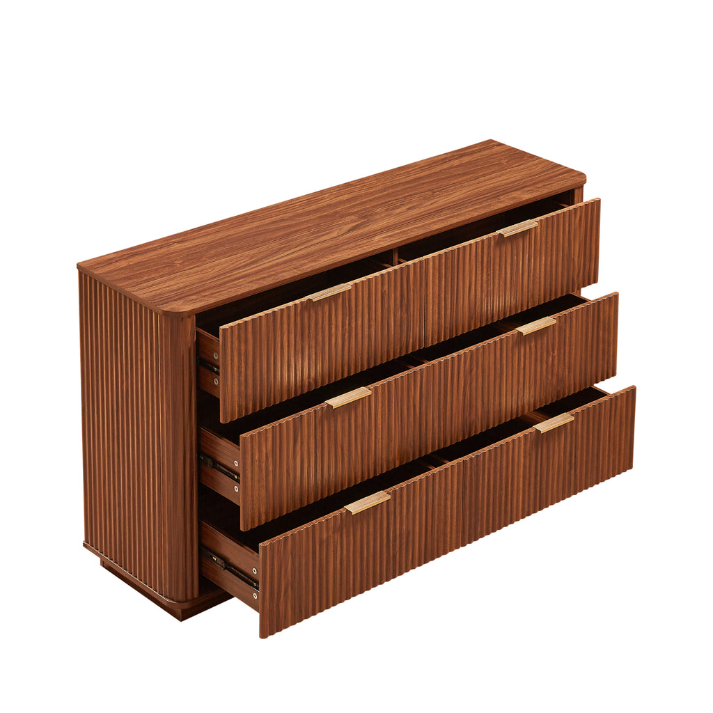 6 Drawers Dresser,55' Wide Modern Chest of Drawers Curved wave Design, Dresser TV Stand, Wood Drawer Organizer for Bedroom, Living Room, Hallway, Walnut,55.12''W x 15.75''D x 31.5''H. - Grand Goldman Shop