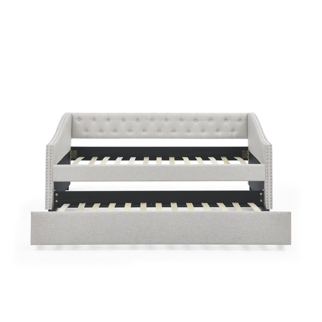 Beige Upholstered Tufted Twin Daybed with Trundle, Copper Nail-Trimmed Waved Arms, Eucalyptus Wood Frame, 80.5'x41'x30.5' - Grand Goldman Shop
