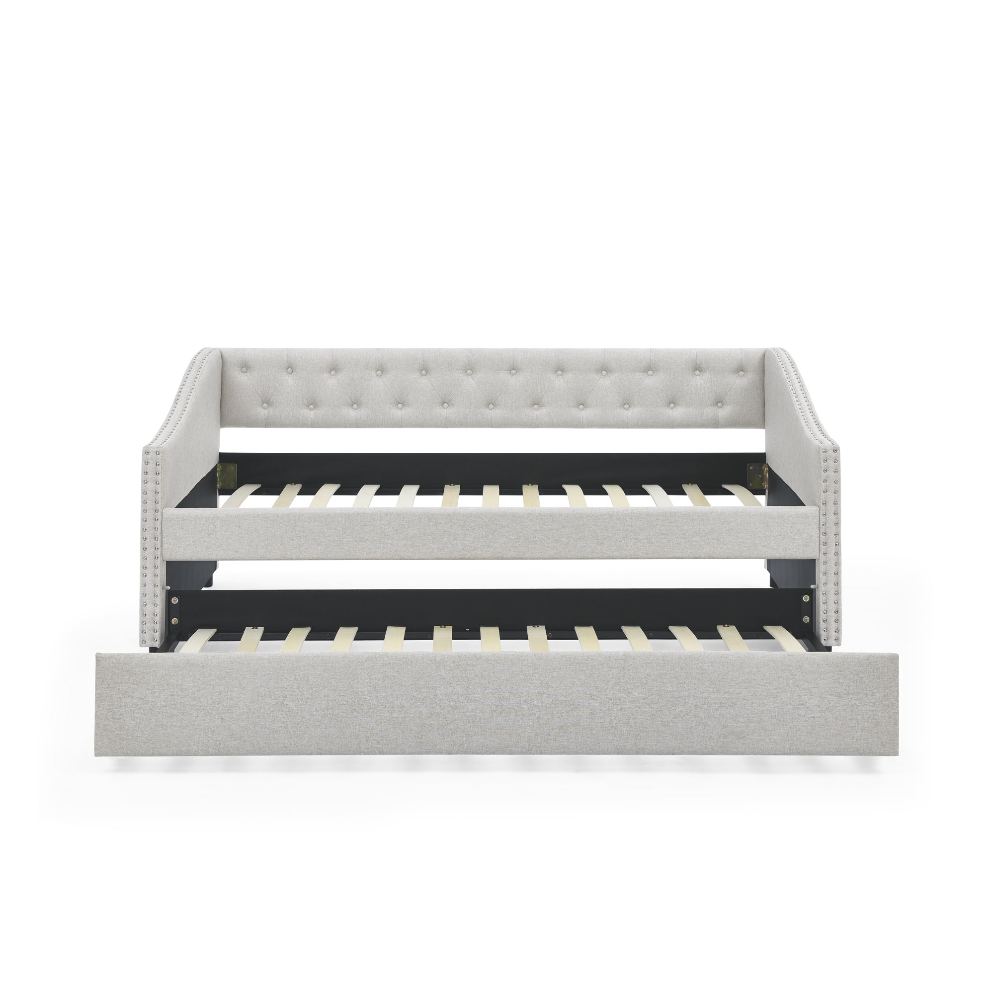 Beige Upholstered Tufted Twin Daybed with Trundle, Copper Nail-Trimmed Waved Arms, Eucalyptus Wood Frame, 80.5'x41'x30.5' - Grand Goldman Shop