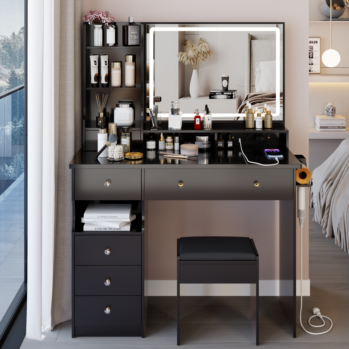 41' Large Size Left Drawer Desktop Vanity Table+Cushioned Stool Dresser Set, 2 AC+2 USB Power Station, Hair Dryer Stand, Extra Large Touch Control LED Mirror, 3-color Switch, EPA, GCC, UL Certificate - Grand Goldman Shop