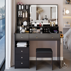 41' Large Size Left Drawer Desktop Vanity Table+Cushioned Stool Dresser Set, 2 AC+2 USB Power Station, Hair Dryer Stand, Extra Large Touch Control LED Mirror, 3-color Switch, EPA, GCC, UL Certificate - Grand Goldman Shop