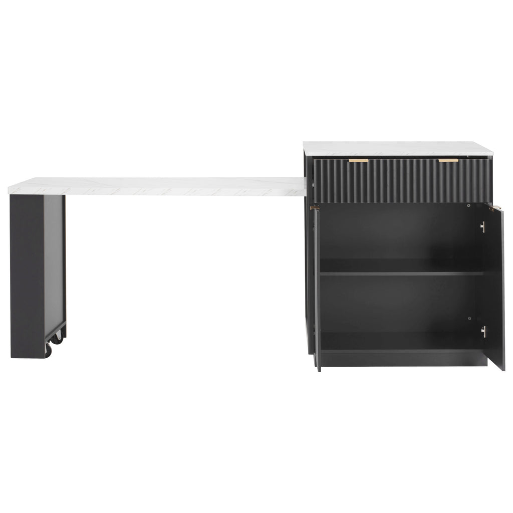 K&K 82.6' Fluted Kitchen Island with Extendable Dining Table for 4-6, Island Table for Kitchen with Power Outlet, Kitchen Table with Double-Side Storage, 2 Drawers 2 Side Open Shelves, Black - Grand Goldman Shop
