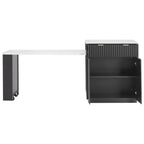 K&K 82.6' Fluted Kitchen Island with Extendable Dining Table for 4-6, Island Table for Kitchen with Power Outlet, Kitchen Table with Double-Side Storage, 2 Drawers 2 Side Open Shelves, Black - Grand Goldman Shop