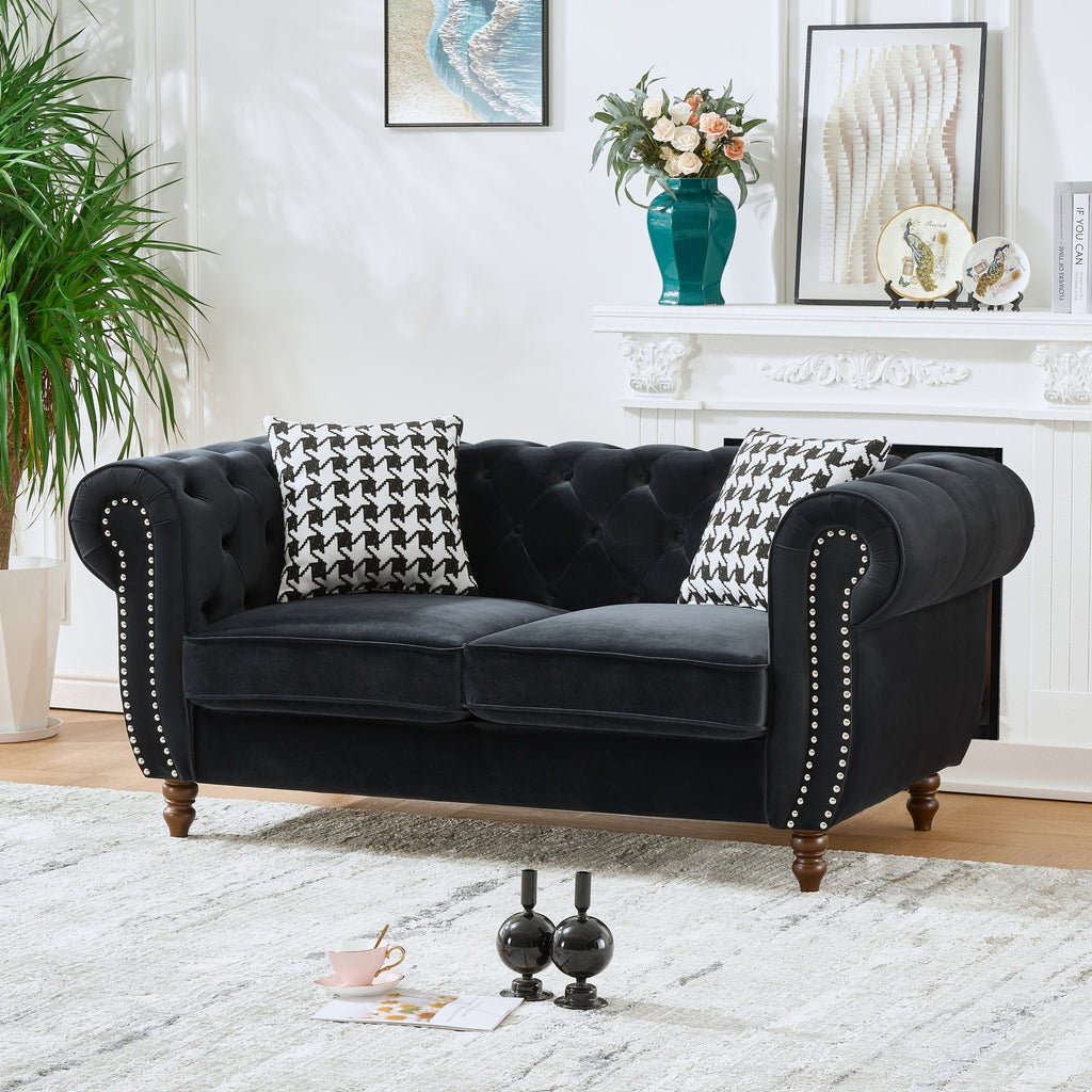 Mid Century Modern Chesterfield Velvet Sofa with Roll Armrest & Nailhead, Black, 67-Inch - Grand Goldman Shop