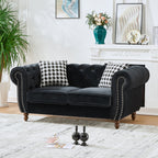Mid Century Modern Chesterfield Velvet Sofa with Roll Armrest & Nailhead, Black, 67-Inch - Grand Goldman Shop