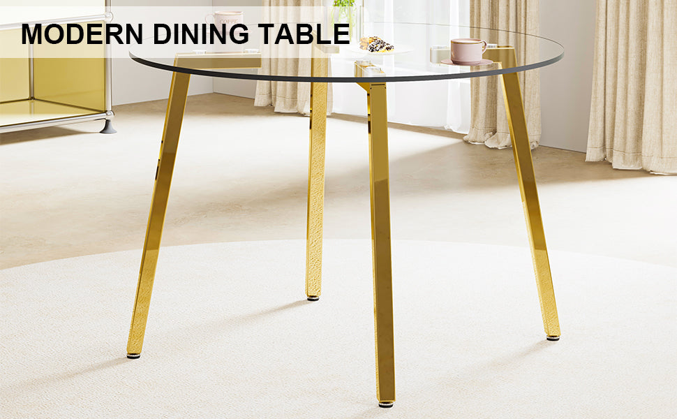 Modern minimalist style circular transparent tempered glass table, tempered glass tabletop, golden metal legs, suitable for kitchen, dining room, and living room, 42 '* 42' * 29.5 '1123r - Grand Goldman Shop