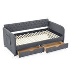 Twin Size Upholstered Daybed with Trundle and Drawers, Dark Gray Linen, Flat Arms, Extendable for Bedroom or Living Room - Grand Goldman Shop