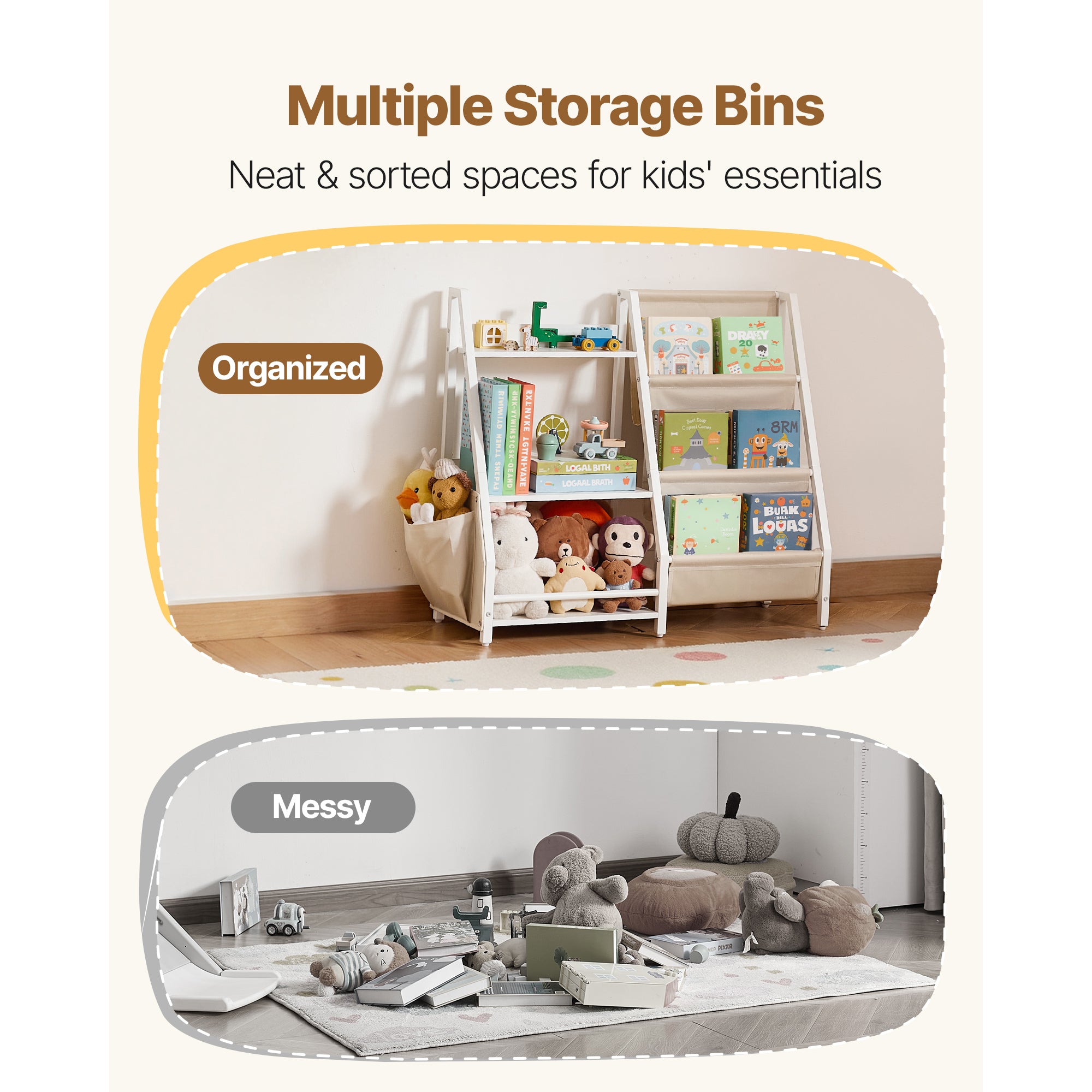 3-Tier Kids Bookshelf, Toy Storage Organizer for Toddler, Book Shelf for Kids Rooms with Sling Book Rack and Storage Bag, Kid