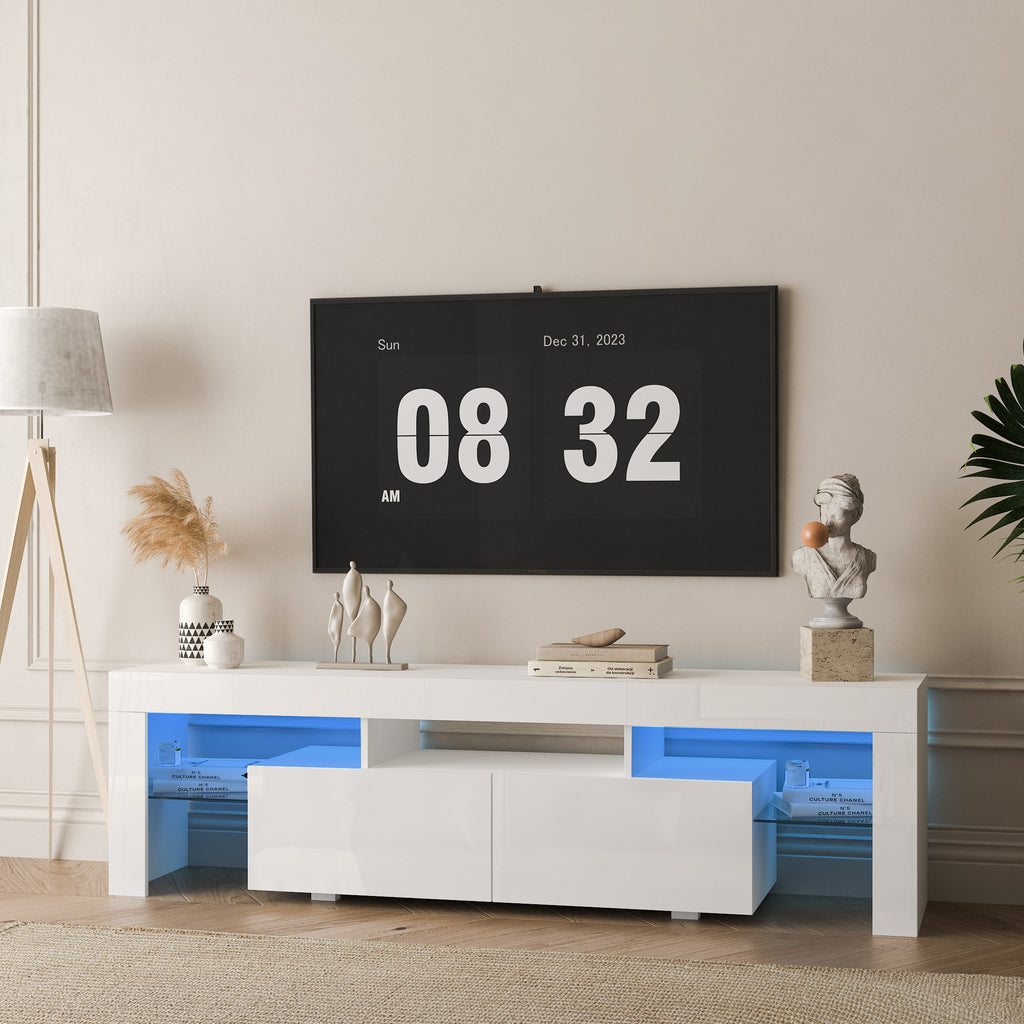 High gloss TV Stand with LED Lights for TVs up to 65'', Modern TV Console with Storage Cabinets for Living Room - Grand Goldman Shop