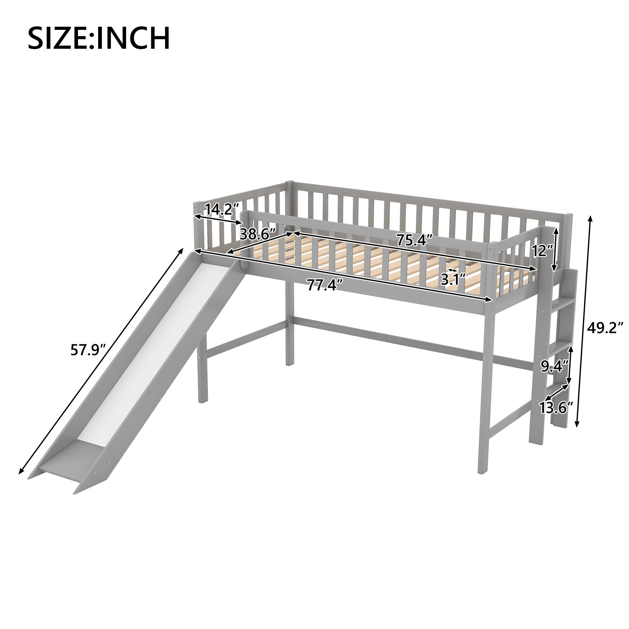 Twin Size Low Loft Bed with Ladder and Slide, Gray(OLD SKU:WF196418AAE) - Grand Goldman Shop