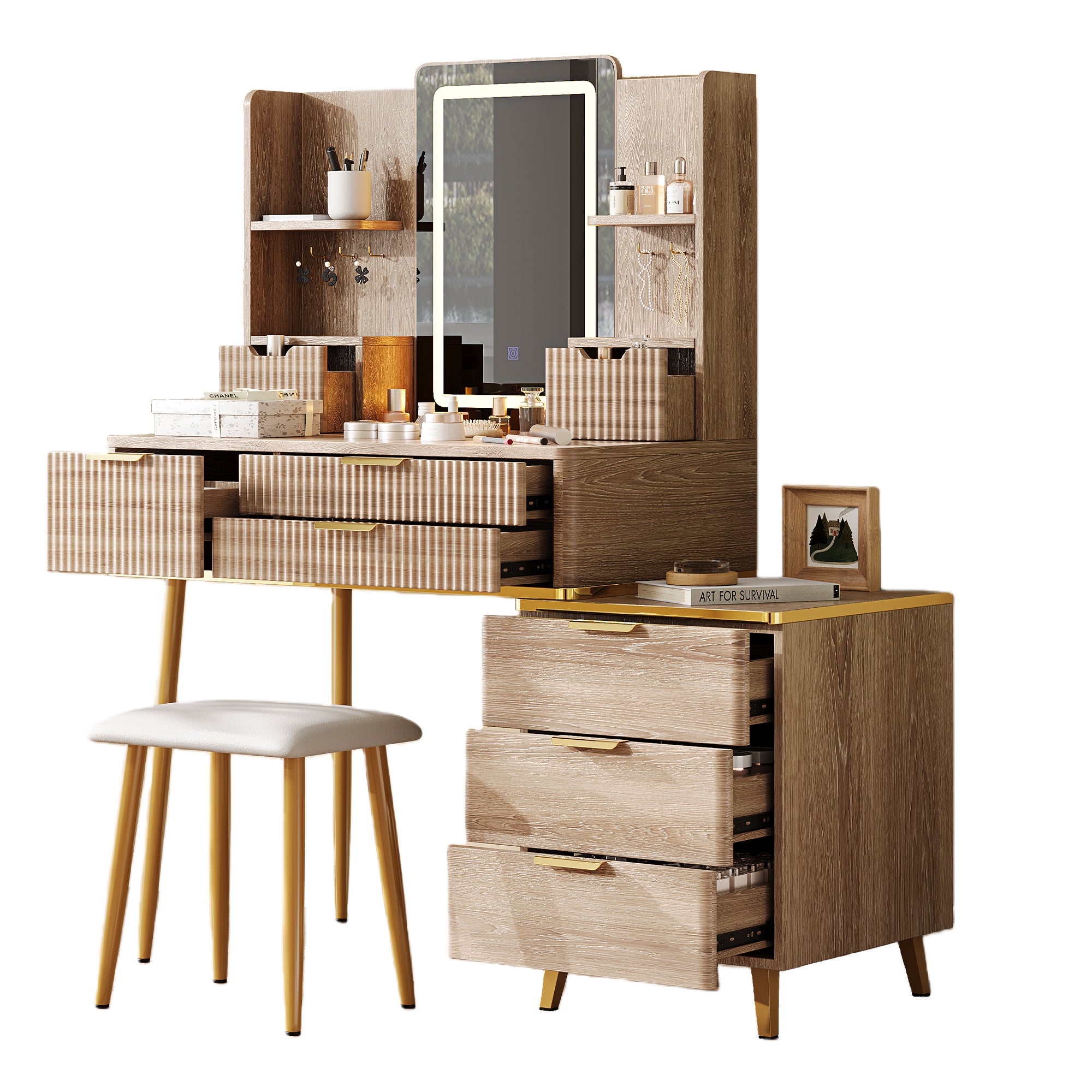 7-Drawer Vanity Desk with LED Mirror & Carved Details, Fluted Makeup Table with Metal Legs and PU Stool, Carved Dressing Table with Jewelry Storage for Bedroom - Grand Goldman Shop