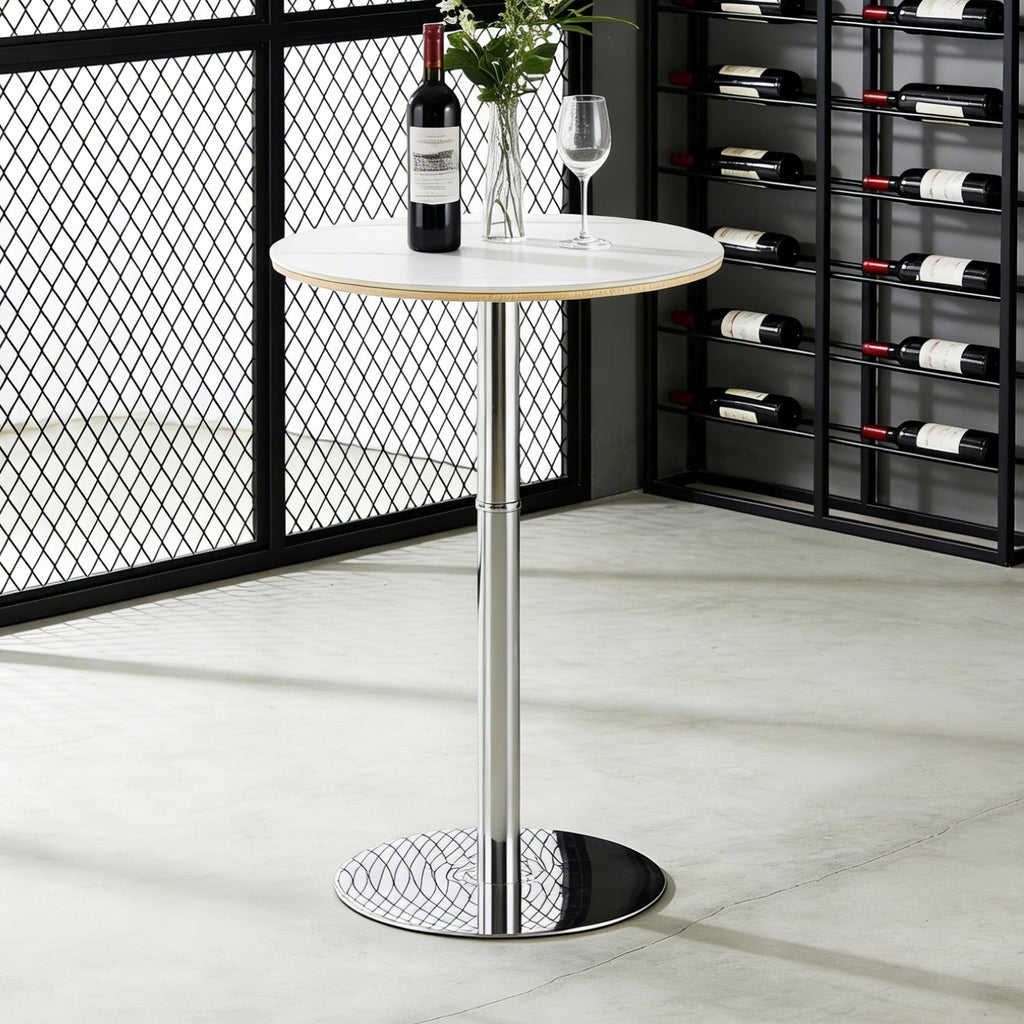 Rock slab circular tabletop non adjustable (39 inches high) bar table, bar table with silver legs and base (white) - Grand Goldman Shop