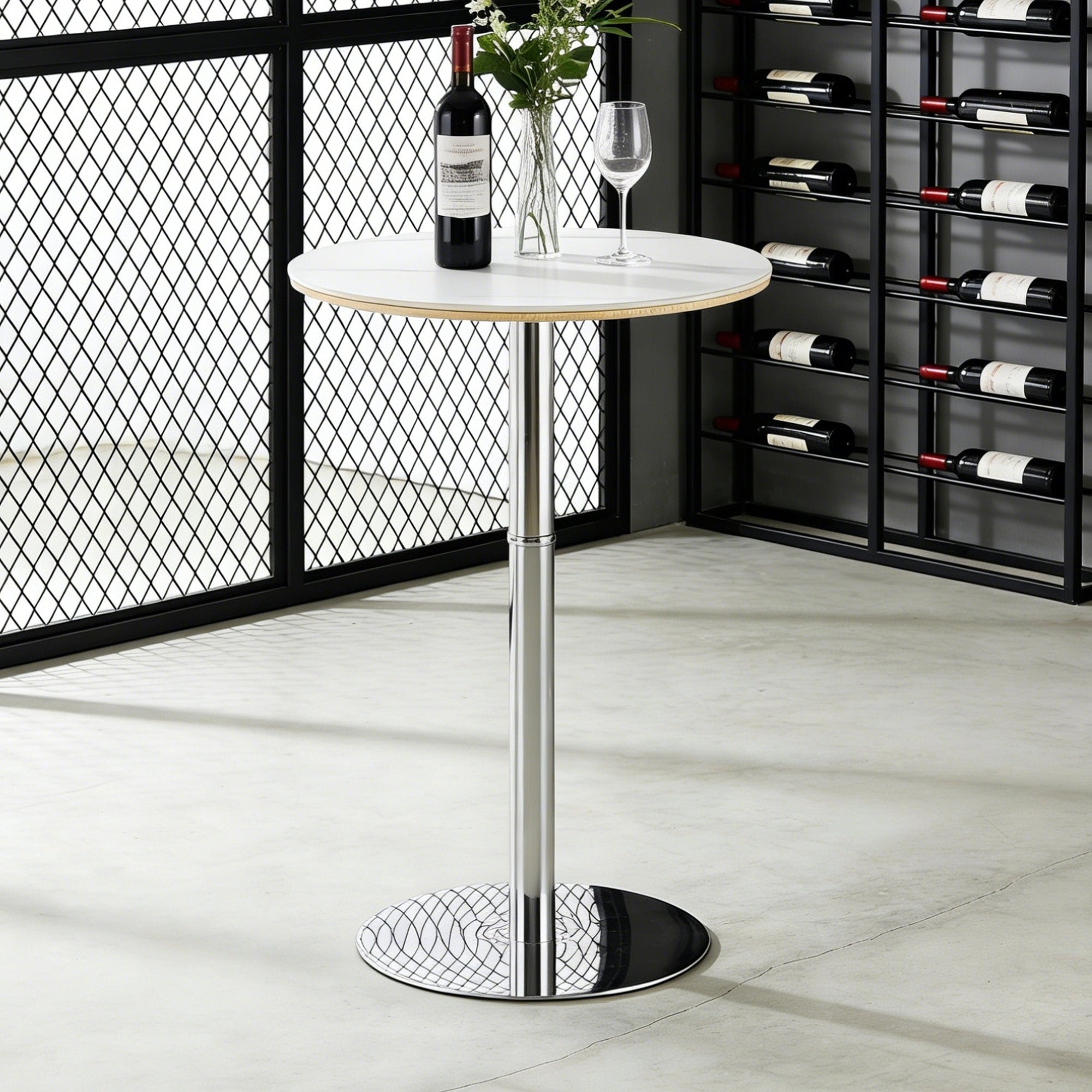 Rock slab circular tabletop non adjustable (39 inches high) bar table, bar table with silver legs and base (white) - Grand Goldman Shop