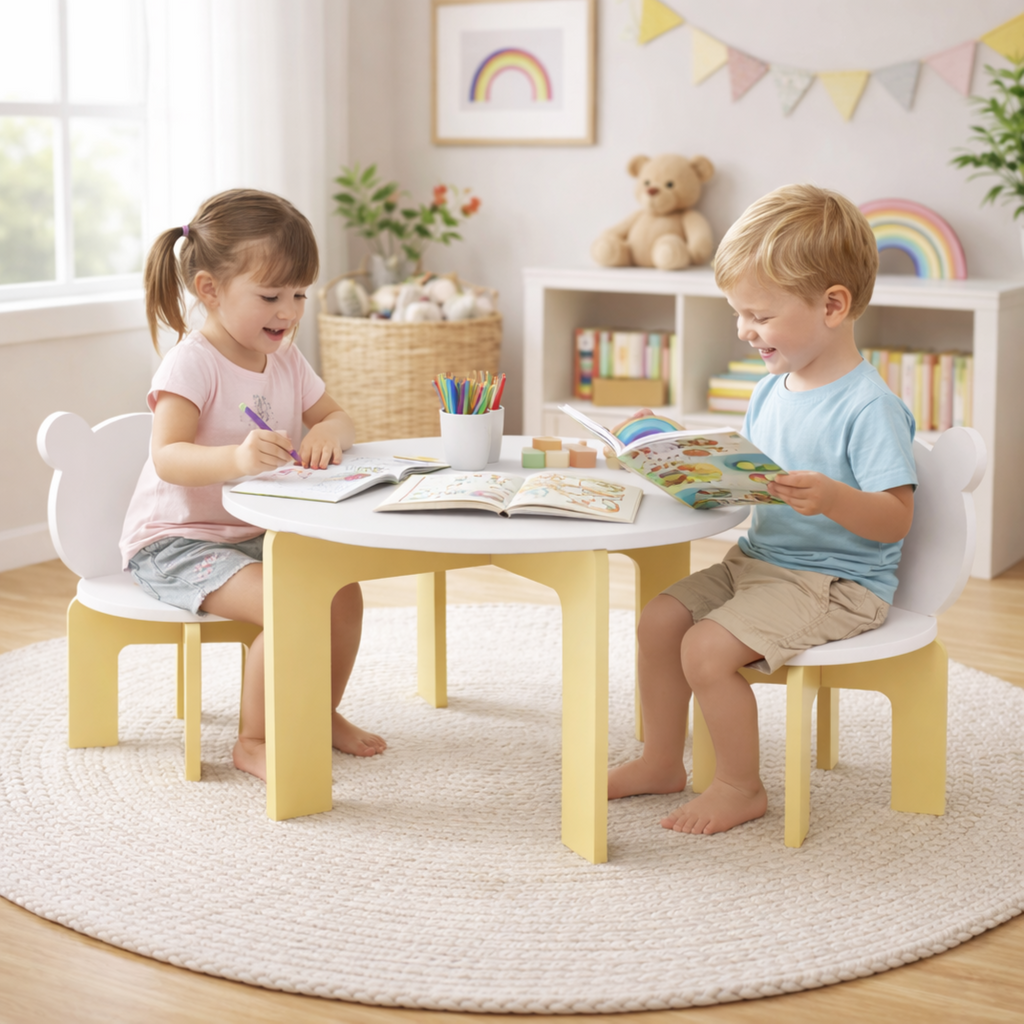 Kids Table and Chair Set, 3-Piece Toddler Table with 2 Chairs, Cute Bear-Back Chairs, Sturdy Wooden Activity Table Set for Ki