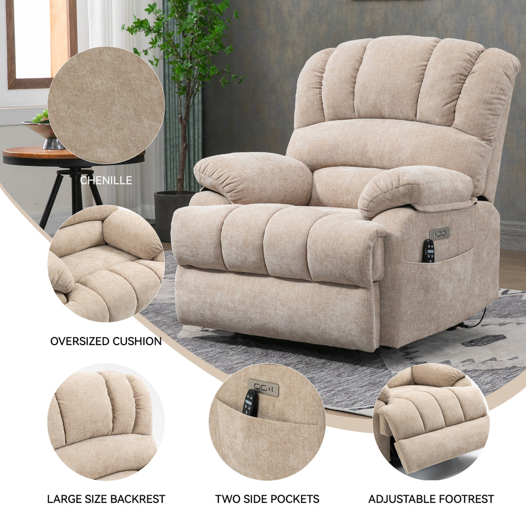 23' Seat Width and High Back Large Size Beige Chenille Power Lift Recliner Chair with 8-Point Vibration Massage and Lumbar Heating - Grand Goldman Shop