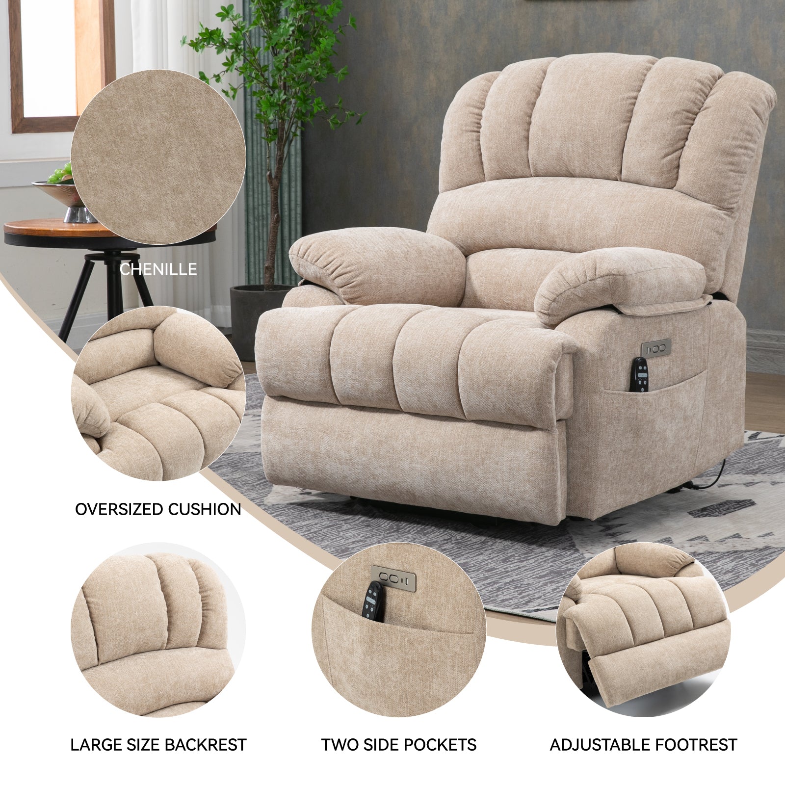 23' Seat Width and High Back Large Size Beige Chenille Power Lift Recliner Chair with 8-Point Vibration Massage and Lumbar Heating - Grand Goldman Shop