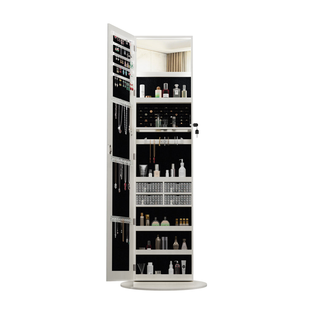360°Swivel Jewelry Cabinet with Full Length Mirror, 360°Rotating Standing Jewelry Armoire Organizer, Lockable Storage Cabinet, Interior Lighted Mirror, White - Grand Goldman Shop