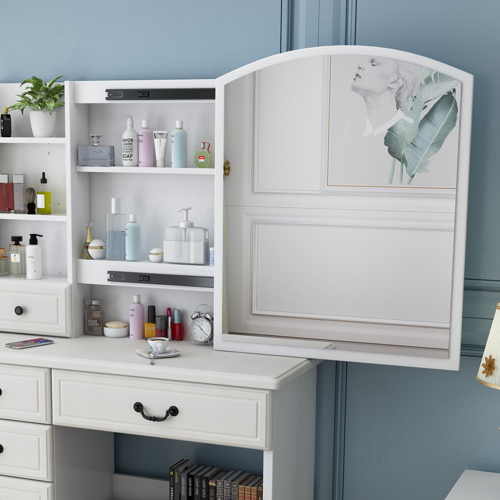 Fashion Vanity Desk with Mirror and Adjustable Lighting in White MDF, 6 Drawers, 3 Color Light Modes - Grand Goldman Shop
