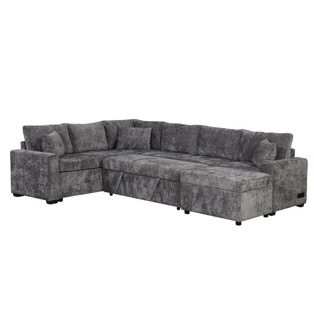 Modern Sectional Sofa Pull-out Sleeper with Storage Ottoman, USB Charging, Grey Tweed Chenille, 112.2' - Grand Goldman Shop
