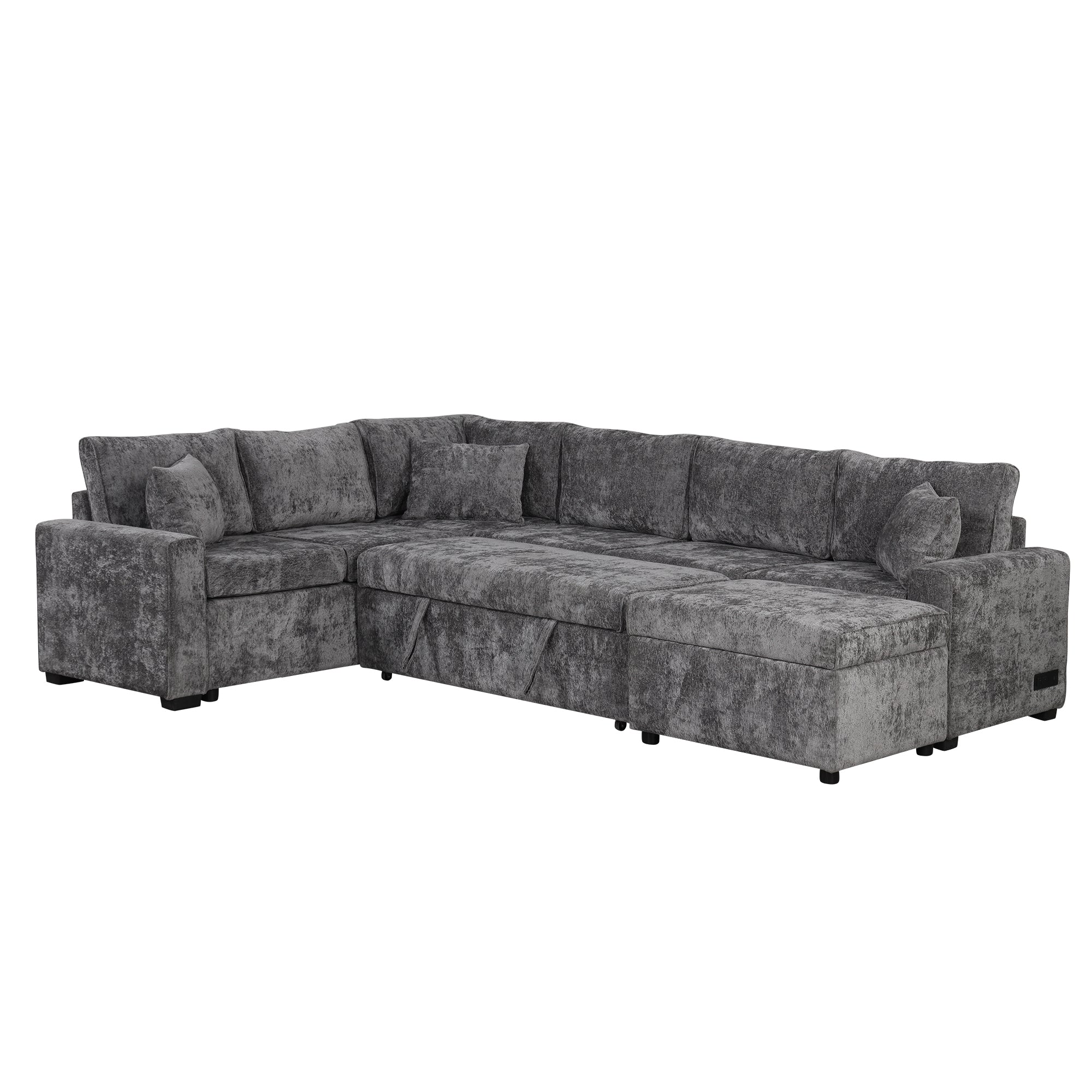 Modern Sectional Sofa Pull-out Sleeper with Storage Ottoman, USB Charging, Grey Tweed Chenille, 112.2' - Grand Goldman Shop