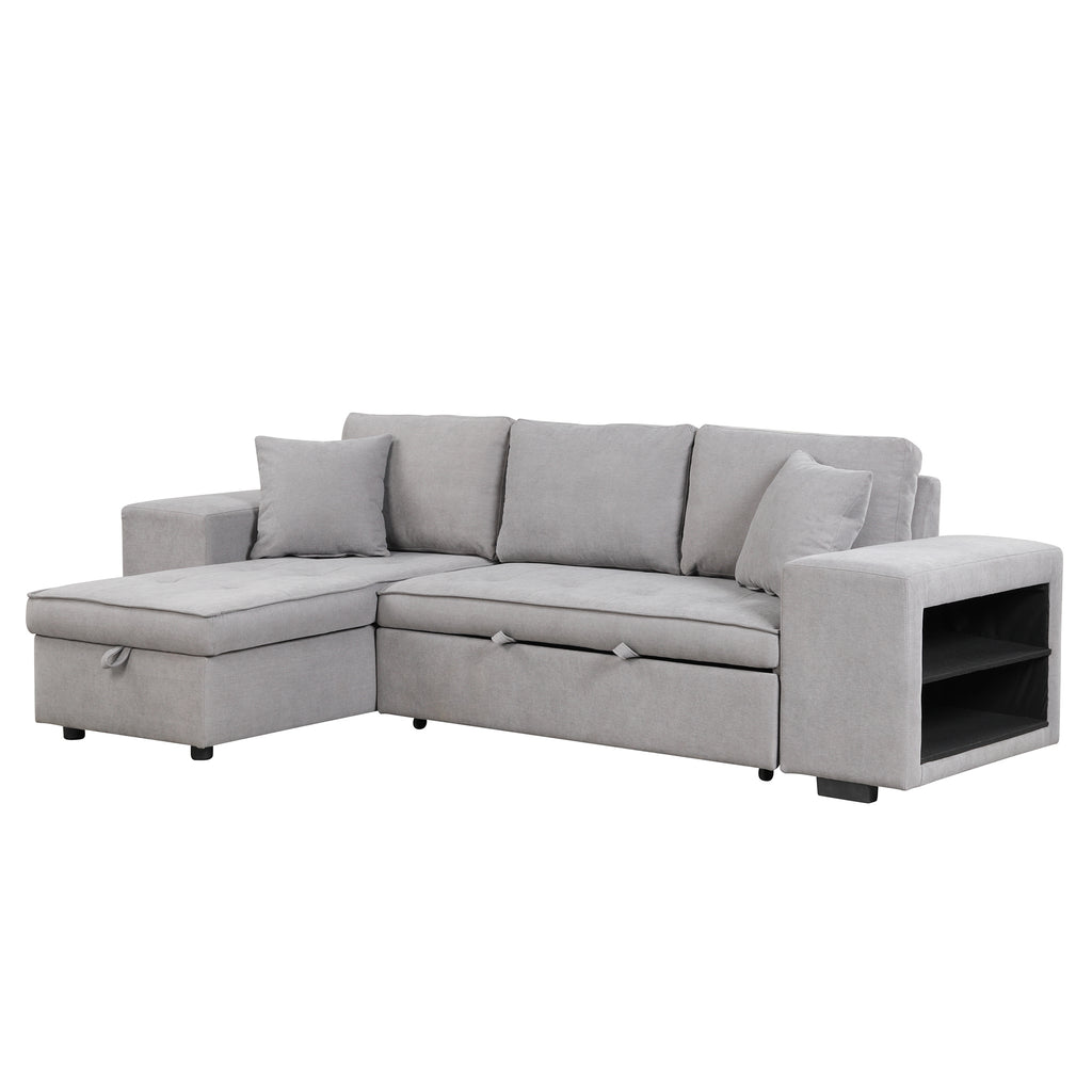 Modern Reversible L-Shape Pull Out Sleeper Sofa with Storage Chaise and Stools, Gray Linen, 104.5' - Grand Goldman Shop