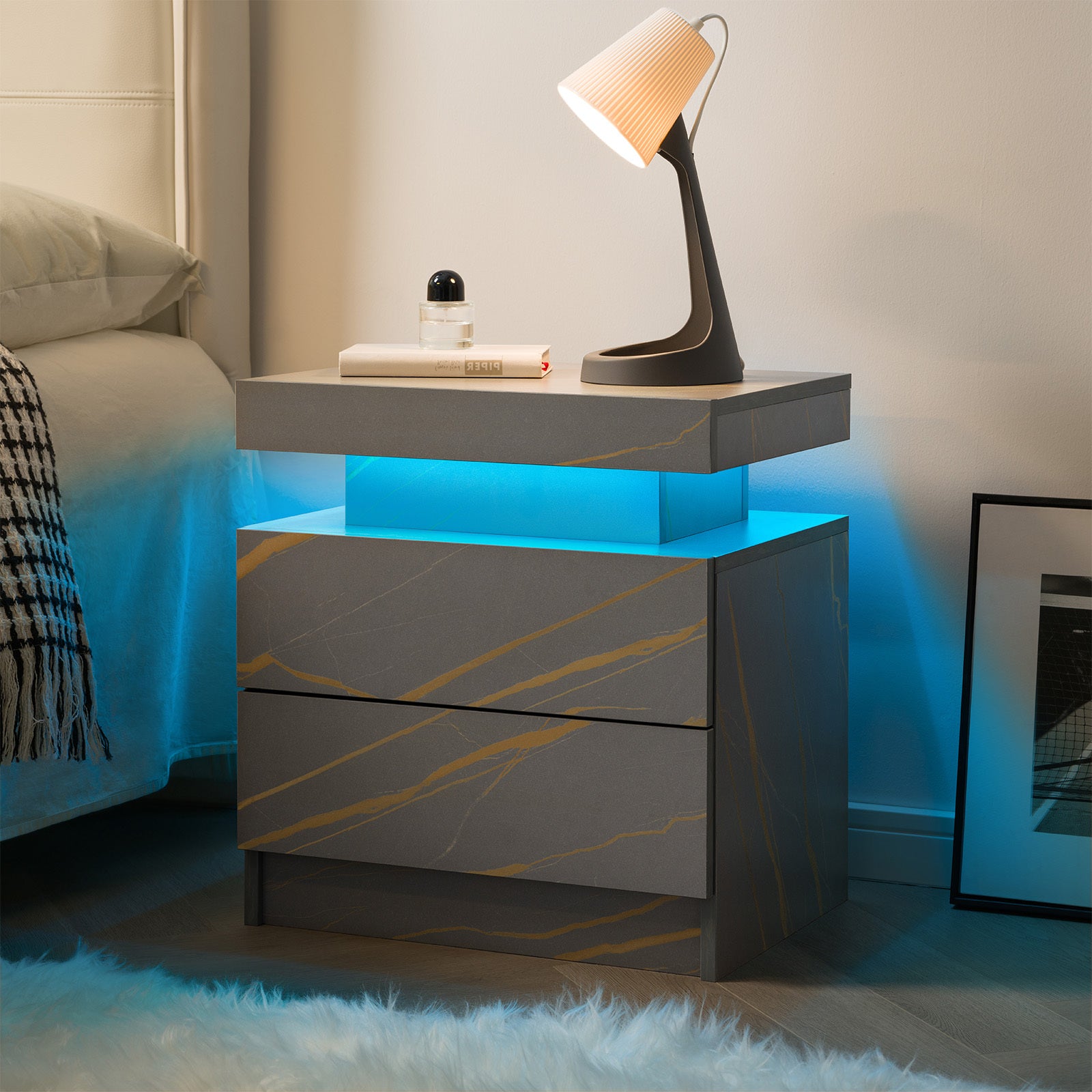 Nightstand LED Bedside Table Cabinet Lights Modern End Side with 2 Drawers for Bedroom (Grey Gold) - Grand Goldman Shop