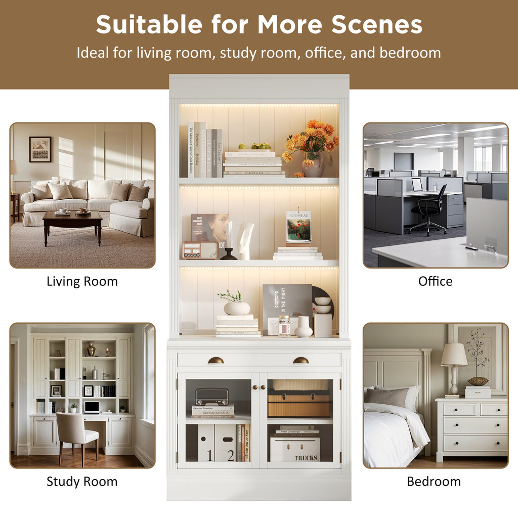 83.4'Tall Bookshelf Suite with LED Lighting, Modern Bookcases with Glass Doors and Drawers,2-Piece Set Storage Bookcase Suite