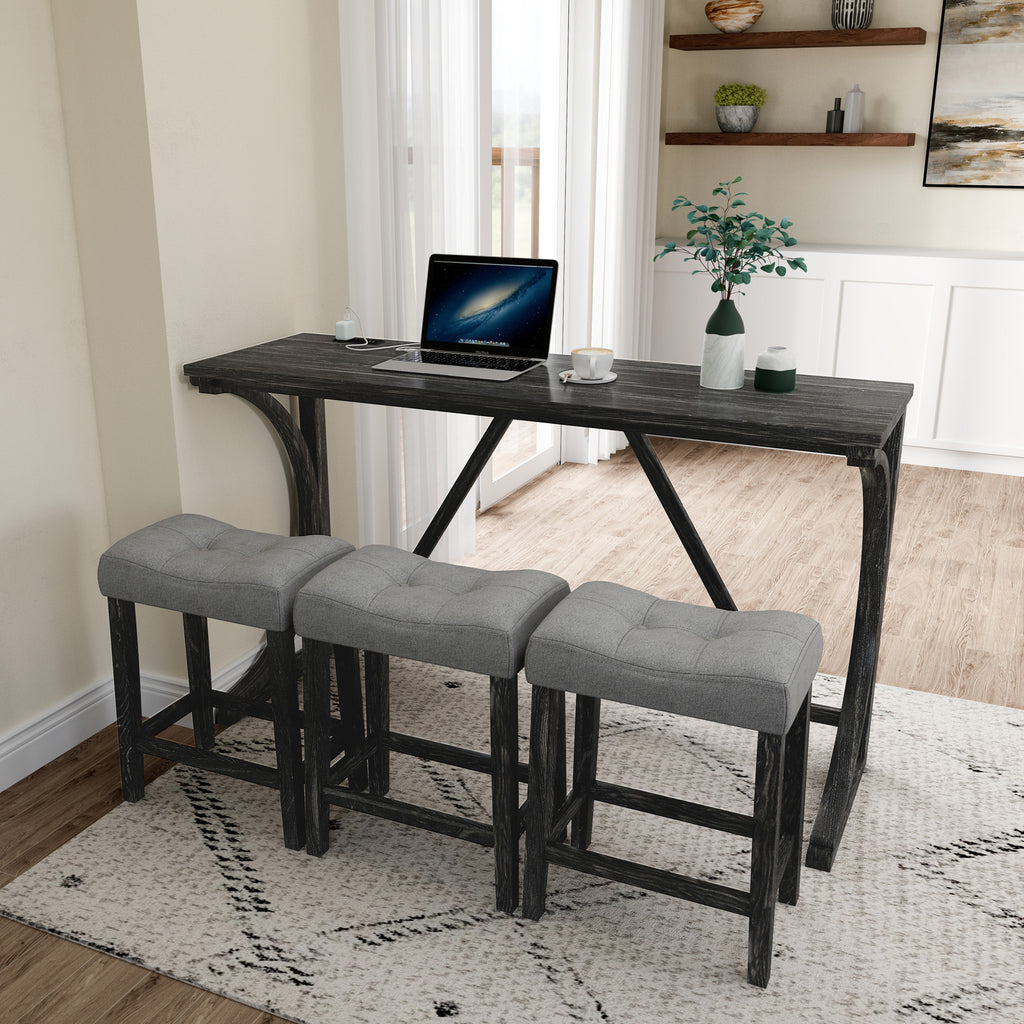 Bar Table Set with Power Outlet, Bar Table and Chairs Set, 4 Piece Dining Table Set, Industrial Breakfast Table Set, for Living Room, Dining Room, Game Room - Grand Goldman Shop