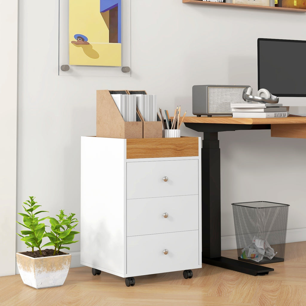 HOMCOM 3 Drawer Home Office Storage Cabinet, Office Drawer on Wheels with Removable Tray, Under Desk Printer Stand with Stora
