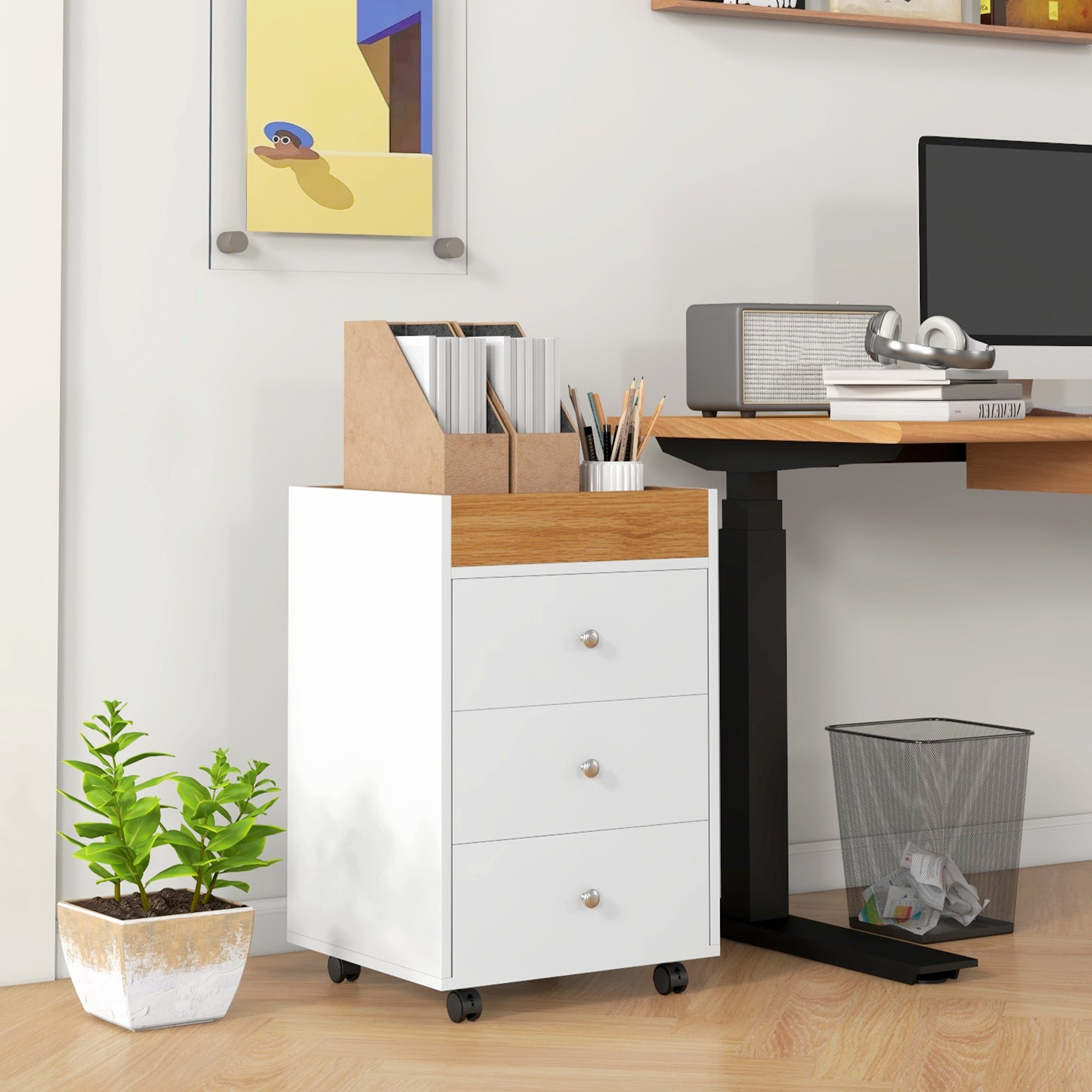 HOMCOM 3 Drawer Home Office Storage Cabinet, Office Drawer on Wheels with Removable Tray, Under Desk Printer Stand with Stora