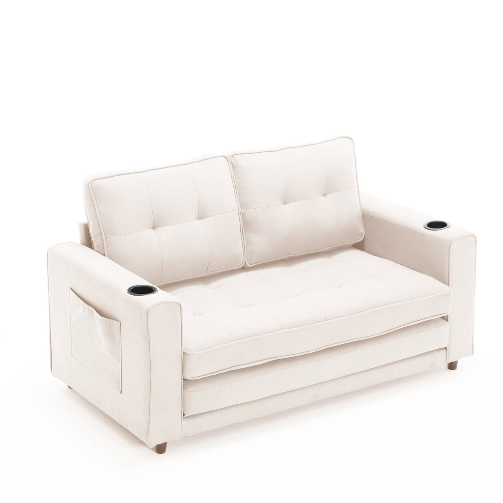 {VIDEO Provided}3-in-1 Upholstered Futon Sofa Convertible Sofa bed,Foldable Tufted Loveseat with Pull Out Sleeper Couch Bed,Folding Mattres Love Seat Daybed W/Side Pockets and Cup Holder, Beige - Grand Goldman Shop