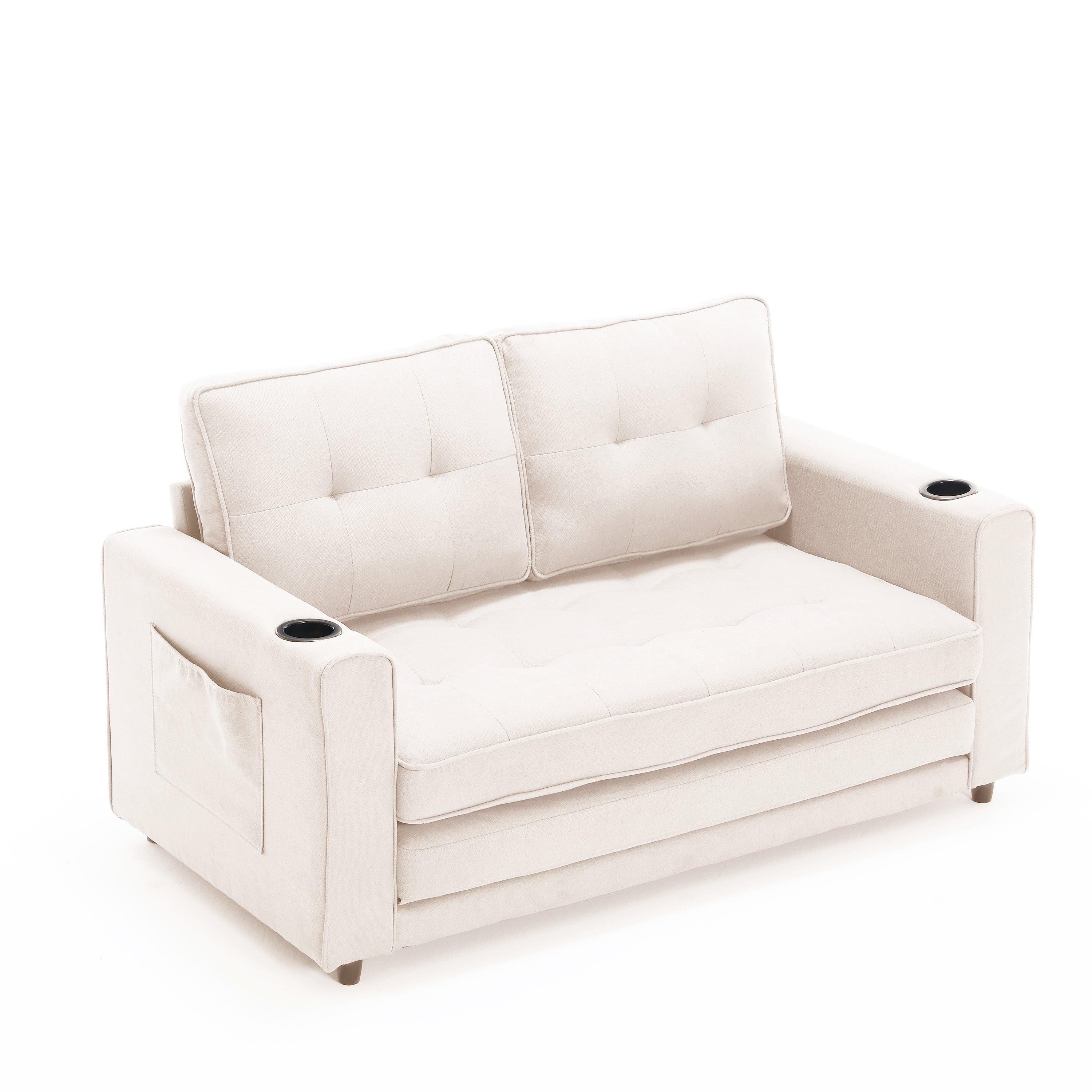 {VIDEO Provided}3-in-1 Upholstered Futon Sofa Convertible Sofa bed,Foldable Tufted Loveseat with Pull Out Sleeper Couch Bed,Folding Mattres Love Seat Daybed W/Side Pockets and Cup Holder, Beige - Grand Goldman Shop