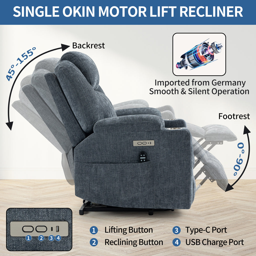Up to 350 LBS Chenille Power Lift Recliner Chair, Heavy Duty Motion Mechanism with 8-Point Vibration Massage and Lumbar Heating, USB and Type-C Ports, Stainless Steel Cup Holders, Blue - Grand Goldman Shop