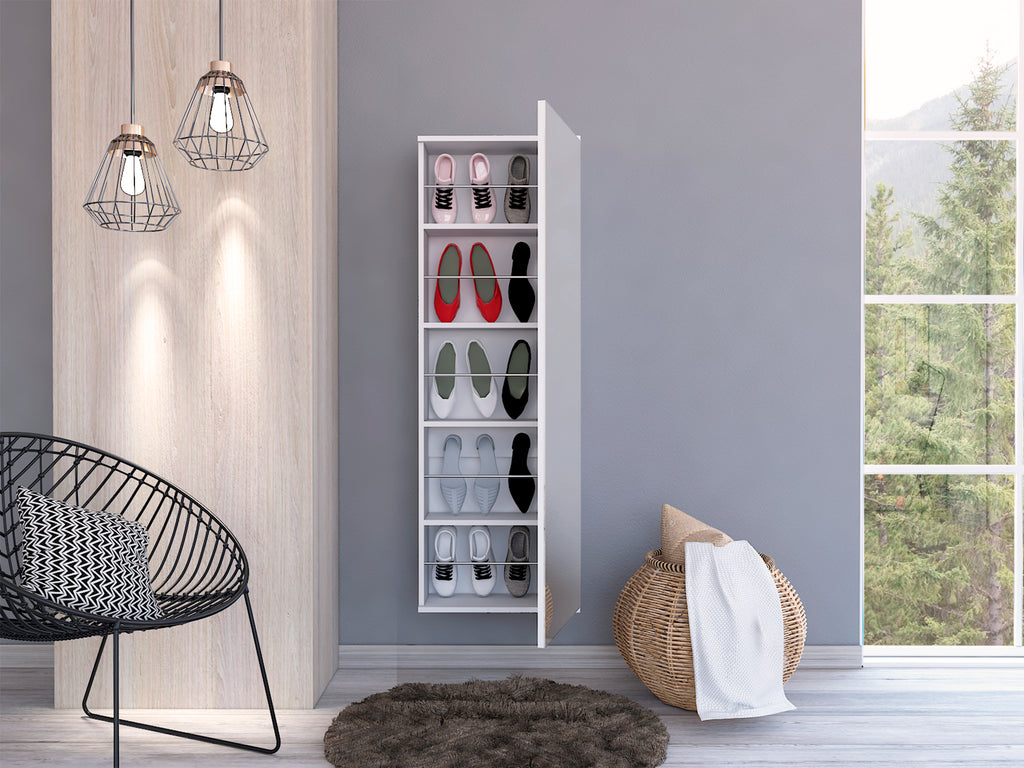 Leto Wall Mounted Shoe Rack With Mirror, Single Door, Capacity For Ten Shoes -White - Grand Goldman Shop