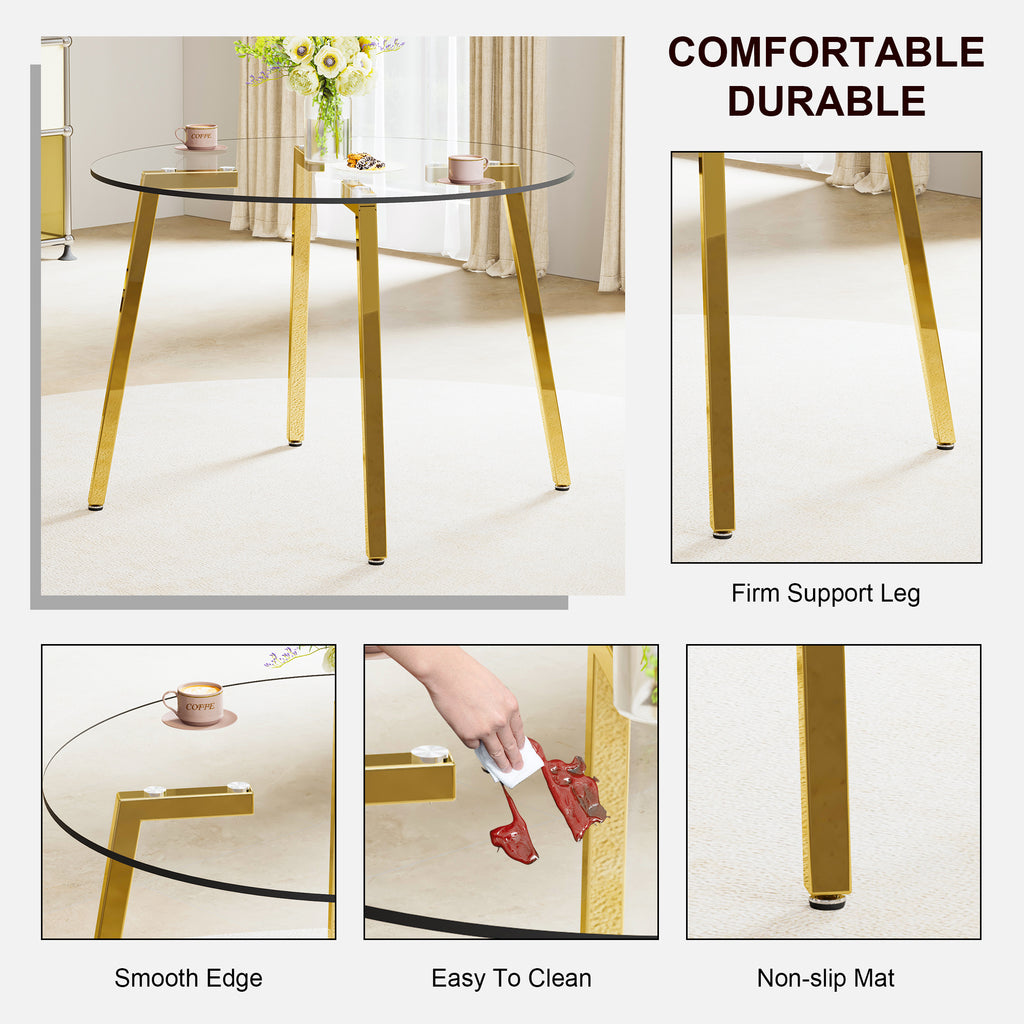 Modern minimalist style circular transparent tempered glass table, tempered glass tabletop, golden metal legs, suitable for kitchen, dining room, and living room, 42 '* 42' * 29.5 '1123r - Grand Goldman Shop