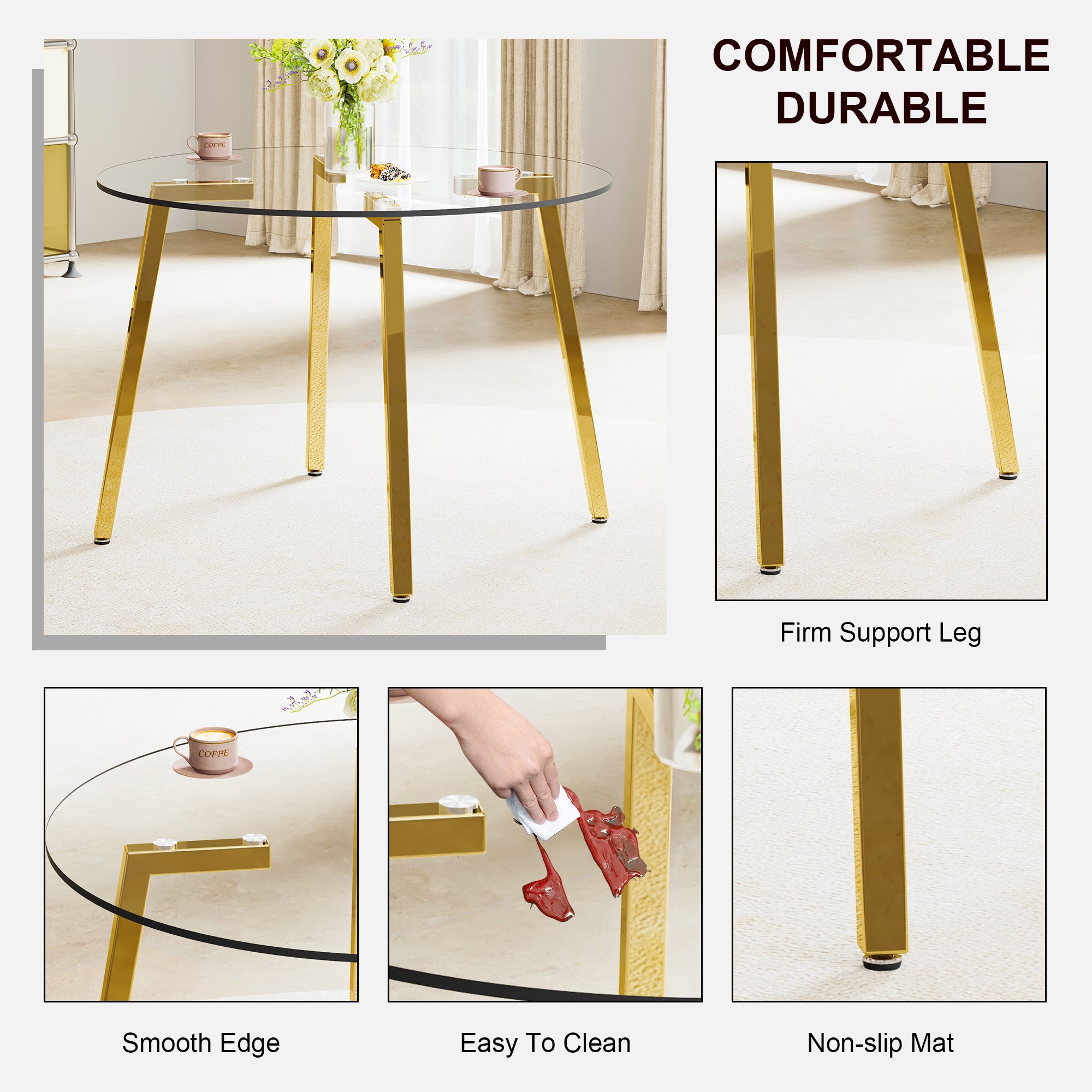 Modern minimalist style circular transparent tempered glass table, tempered glass tabletop, golden metal legs, suitable for kitchen, dining room, and living room, 42 '* 42' * 29.5 '1123r - Grand Goldman Shop