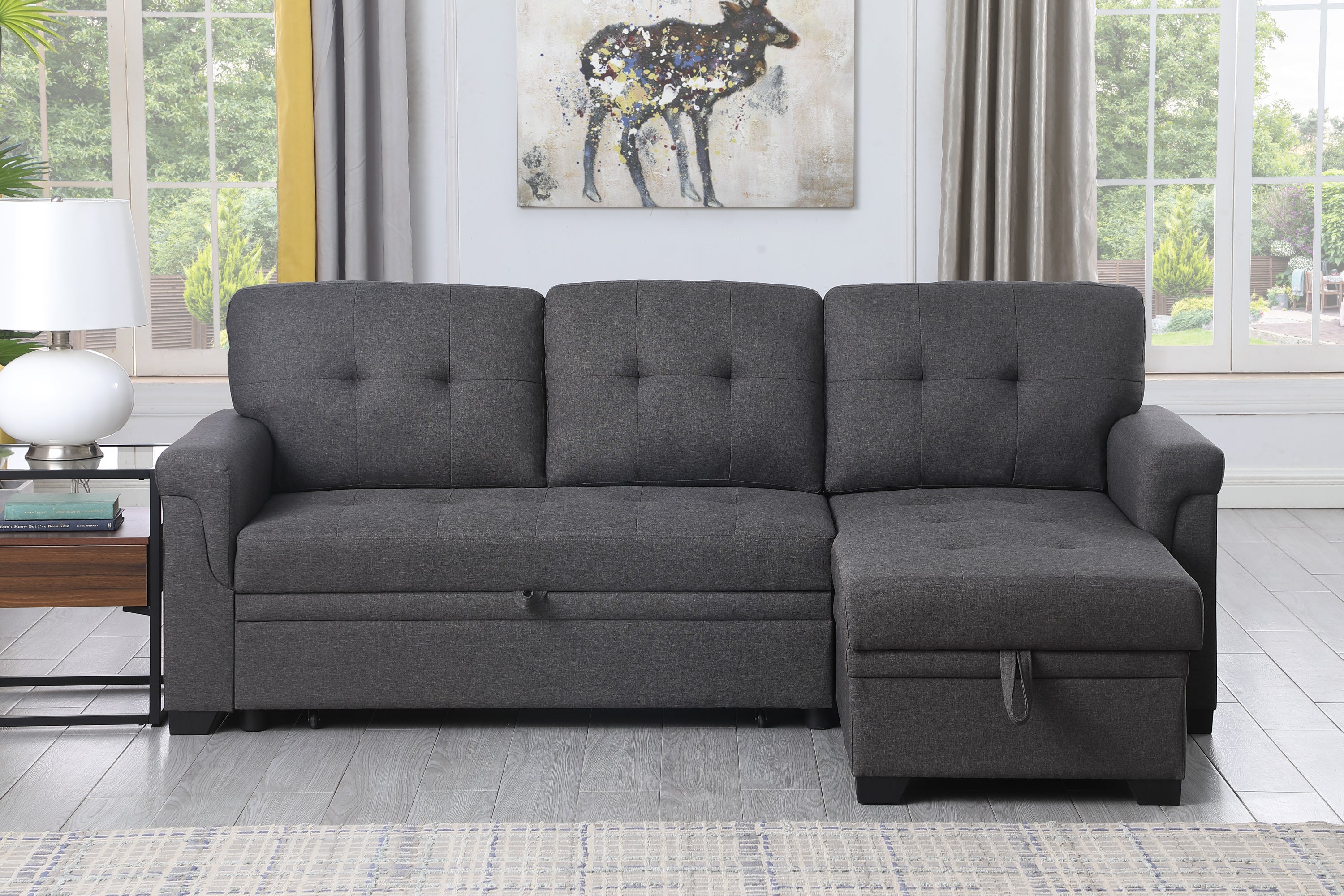 Lucca 84' Dark Gray Linen Reversible Sleeper Sectional Sofa with Storage Chaise - Grand Goldman Shop