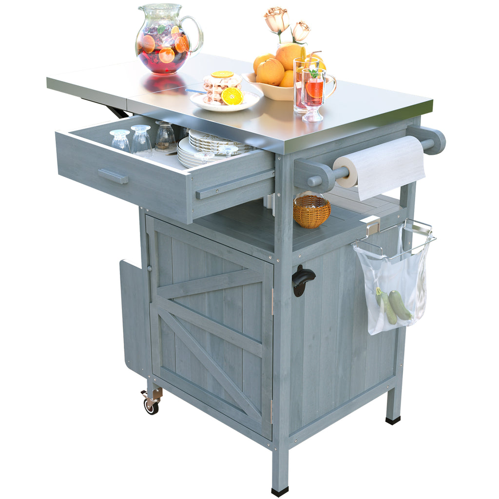 K&K 40.5' Outdoor Grill Cart with Stainless Steel Top, Solid Wood Outdoor Storage Cabinet with Drop Leaf, One Drawer, Towel Rack, Rolling Kitchen Cart with Lockable Wheels for Lawn Garden, Blue Grey - Grand Goldman Shop