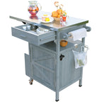 K&K 40.5' Outdoor Grill Cart with Stainless Steel Top, Solid Wood Outdoor Storage Cabinet with Drop Leaf, One Drawer, Towel Rack, Rolling Kitchen Cart with Lockable Wheels for Lawn Garden, Blue Grey - Grand Goldman Shop