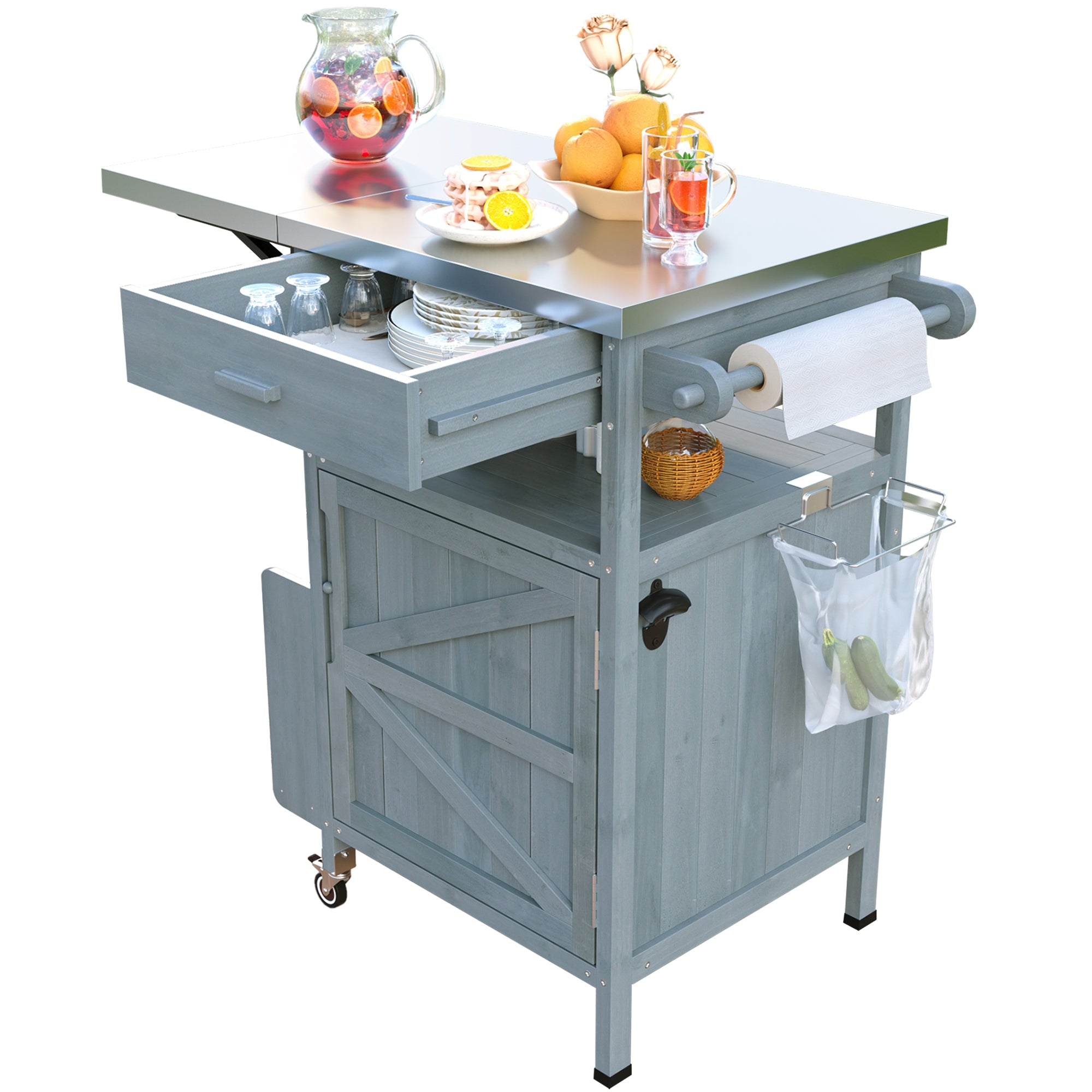 K&K 40.5' Outdoor Grill Cart with Stainless Steel Top, Solid Wood Outdoor Storage Cabinet with Drop Leaf, One Drawer, Towel Rack, Rolling Kitchen Cart with Lockable Wheels for Lawn Garden, Blue Grey - Grand Goldman Shop