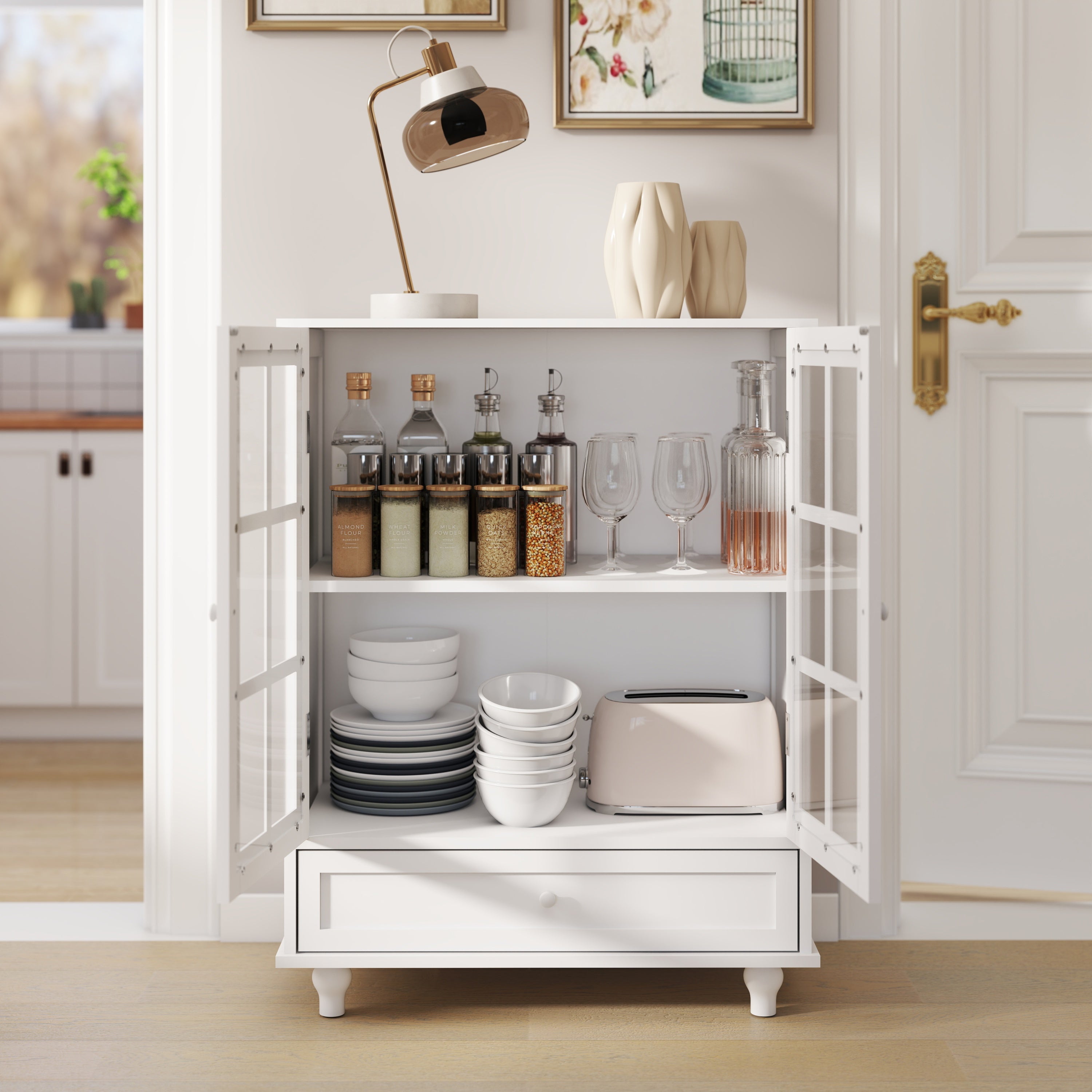 Minimalist White Buffet Cabinet with Double Glass Doors and Drawer, Modern Wooden Storage Sideboard Cupboard for Living room, Dining Room Hallway Entryway - Grand Goldman Shop