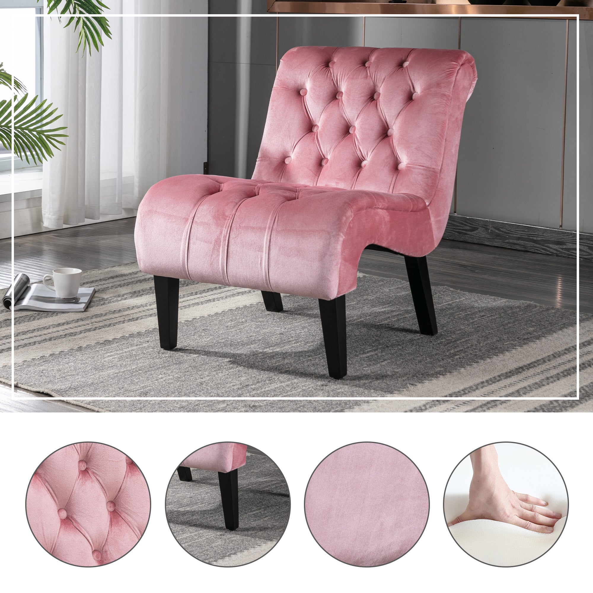 COOLMORE Modern Velvet Armless Accent Living Room Chair / Leisure Chair,Upholstered Fabric Button Comfortable Chair with Wooden Legs for Bedroom, Living Room, Office (Pink Velvet) - Grand Goldman Shop
