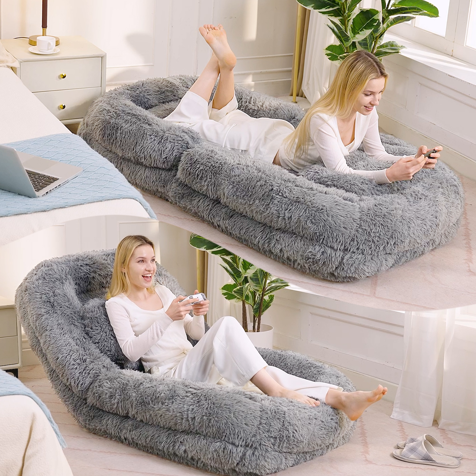 [NEW ARRIVED] [VIDEO PROVIDED] Human Dog Bed,Lazy Sofa,5-Position Adjustable Convertible,Floor Gaming Chair,bedroom, living room,Suitable for gaming, meditation,relaxation,Plush Fabric,Light Gray - Grand Goldman Shop