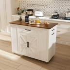 46' Kitchen Island on Wheels with Storage & Power Outlet - Movable Rustic Breakfast Bar Table, Wood Top with Adjustable Shelf & Drawer for Kitchen Dining Living Room, White - Grand Goldman Shop