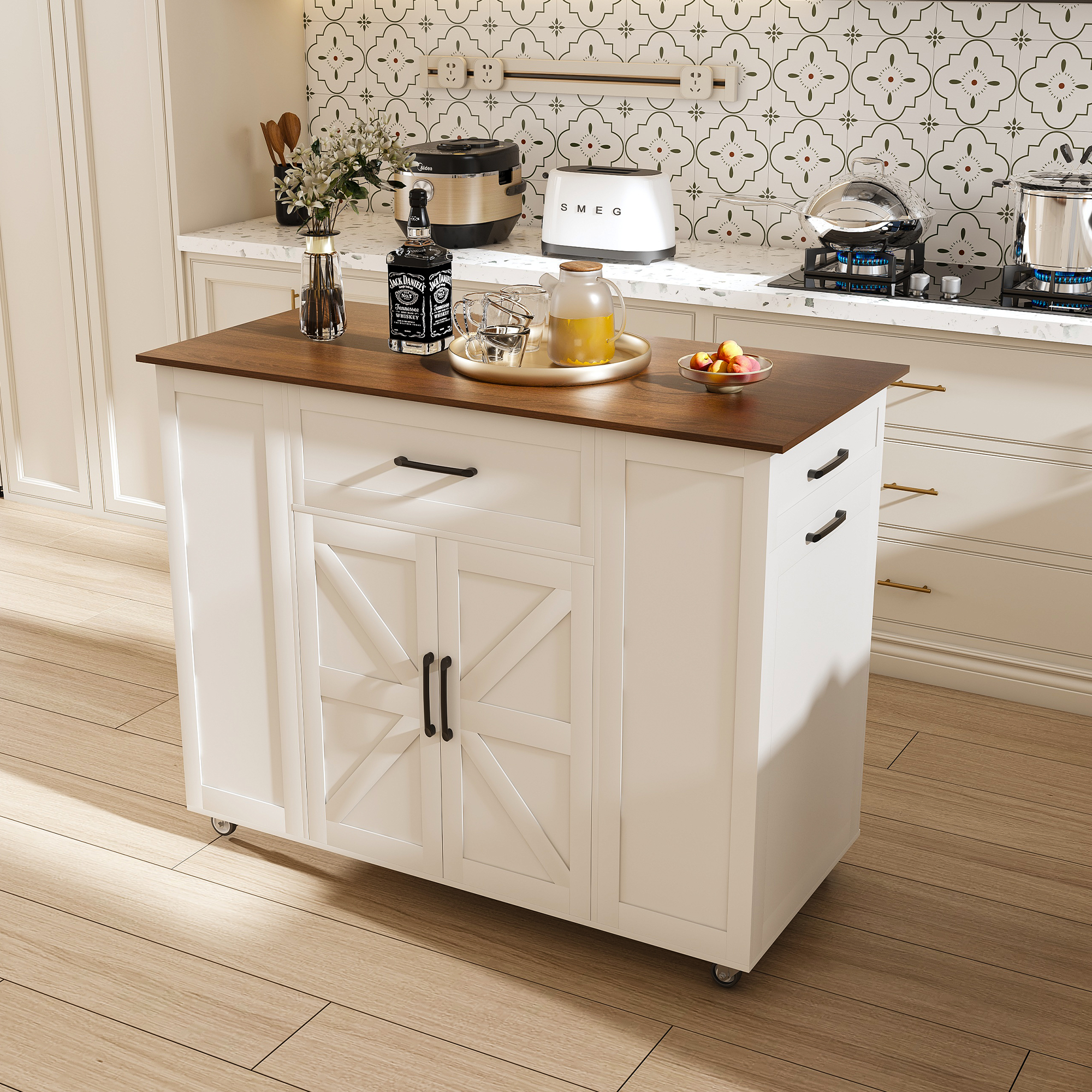46' Kitchen Island on Wheels with Storage & Power Outlet - Movable Rustic Breakfast Bar Table, Wood Top with Adjustable Shelf & Drawer for Kitchen Dining Living Room, White - Grand Goldman Shop